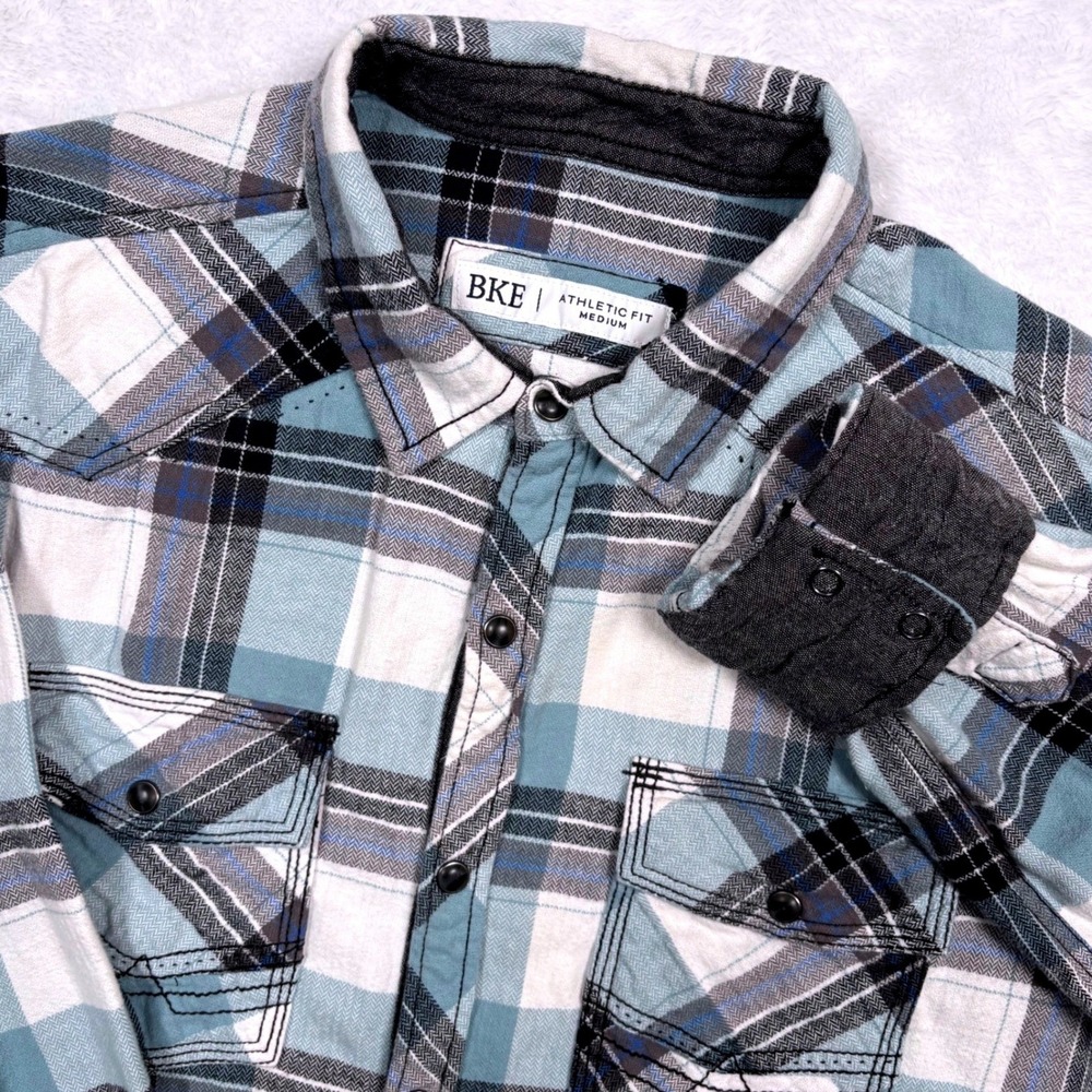 BKE Western Flannel Shirt Men M Blue White Gray Plaid Pearl Snap Rodeo Flip Cuff